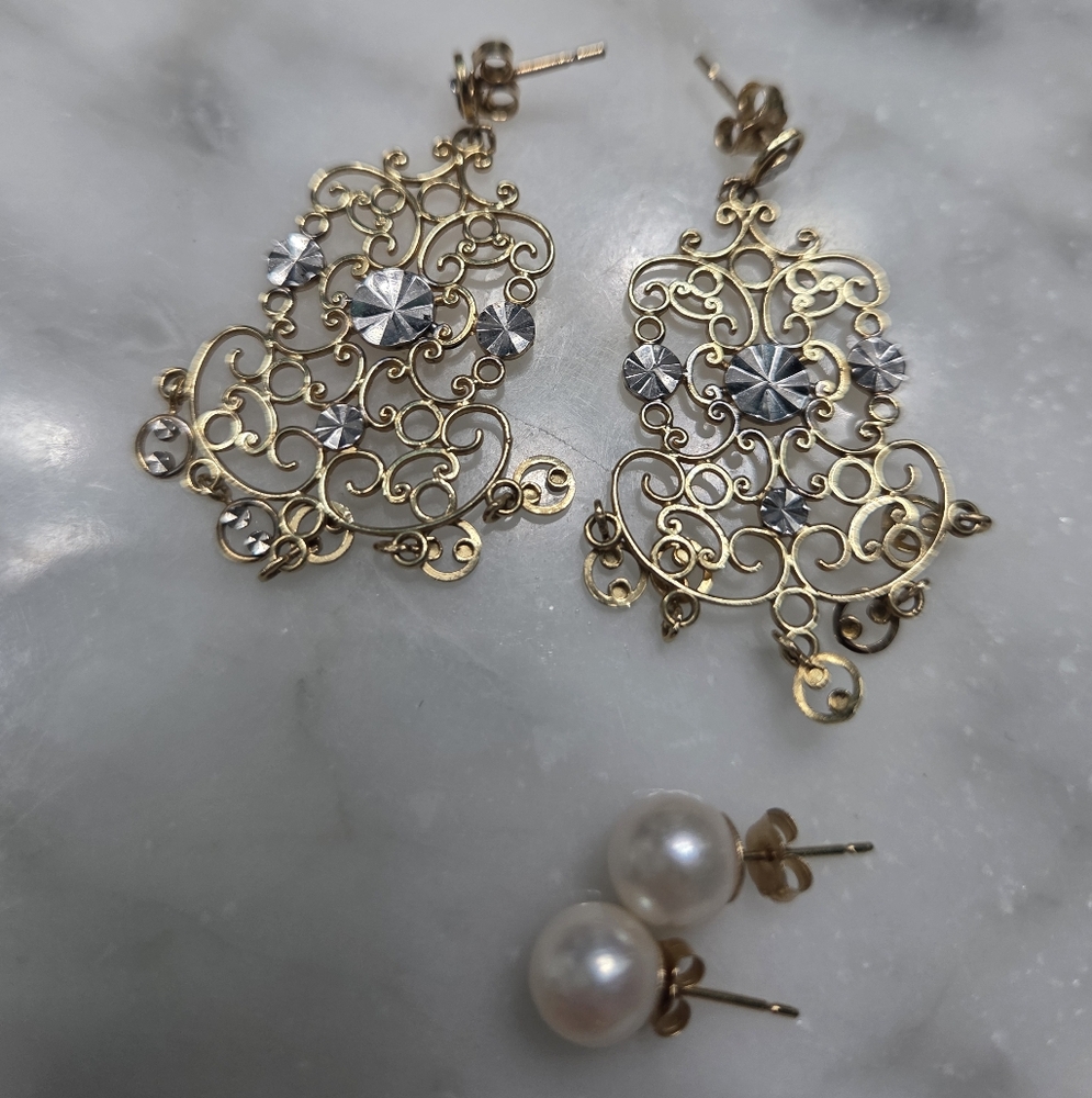 Elegant 14K Gold and Silver Filigree Earrings PLUS pearl studs